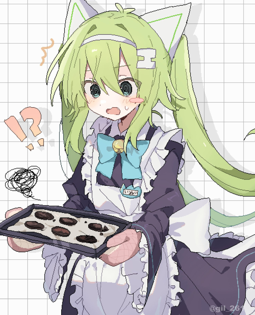!?, 1girl, @_@, animal_ears, bell, burnt_cookies, burnt_food, fang