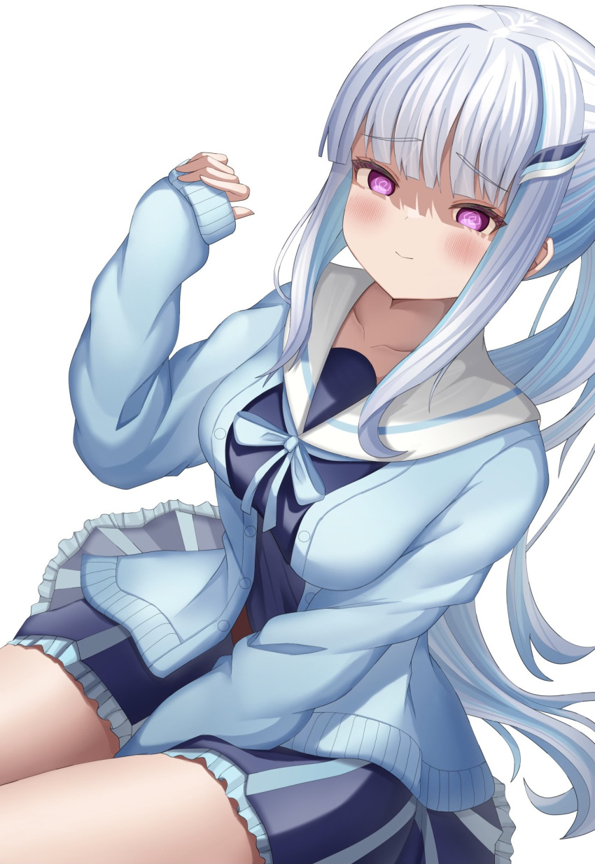 1girl, @_@, between_legs, blue_cardigan, blue_dress, blue_hair, blue_ribbon, blunt_bangs