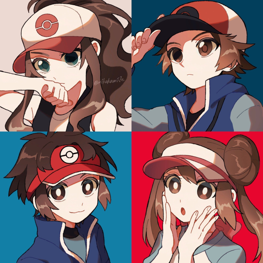 2boys, 2girls, :3, :o, baseball_cap, black_vest, blue_jacket, blue_shirt