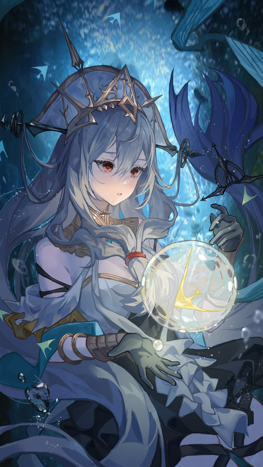 1girl, absurdres, aqua_shawl, arknights, black_dress, chinese_commentary, commentary, detached_collar, dress, glowing_fish, gold_trim, hair_between_eyes, hat, highres, jidian967, long_hair, low-tied_long_hair, object_floating_above_hand, official_alternate_costume, parted_hair, red_eyes, shawl, simple_fish, skadi_(arknights), skadi_the_corrupting_heart_(arknights), skadi_the_corrupting_heart_(sublimation)_(arknights), solo, strapless, strapless_dress, submerged, tropical_fish, two-tone_dress, underwater, upper_body, very_long_hair, white_dress, white_hair, white_hat