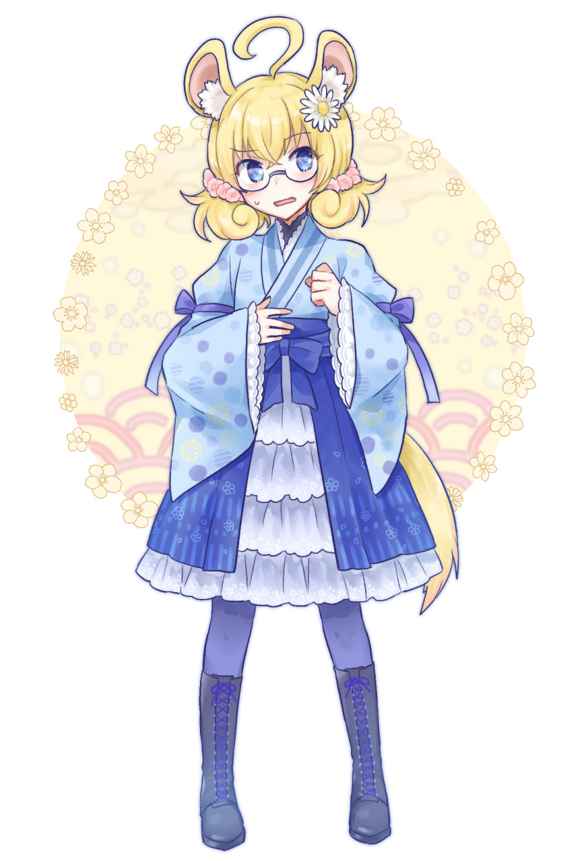 1girl, ahoge, alternate_costume, animal_ear_fluff, black_footwear, blonde_hair, blue_eyes, blue_kimono