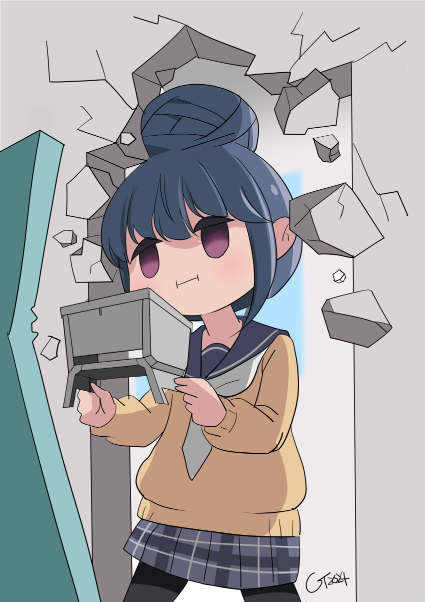 1girl, absurdres, black_pantyhose, blue_hair, closed_mouth, crack, cracked_wall, gt_ojisan, hair_bun, highres, long_hair, long_sleeves, motosu_school_uniform, pantyhose, pleated_skirt, sailor_collar, scene_reference, school_uniform, serafuku, shikanoko_nokonoko_koshitantan, shima_rin, single_hair_bun, skirt, solo, violet_eyes, yurucamp