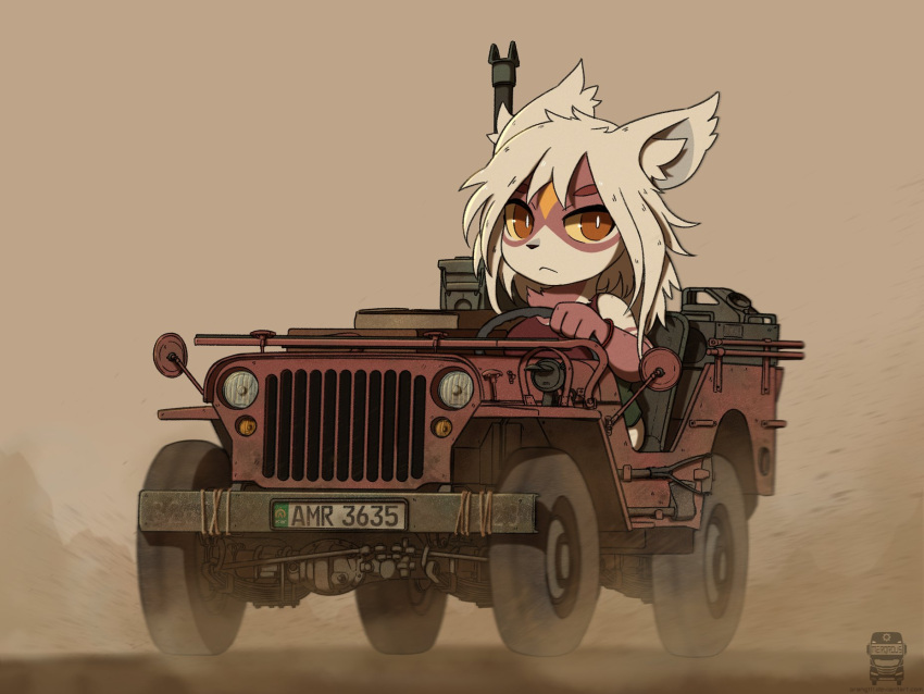 1girl, animal_ear_fluff, animal_ears, animal_nose, bright_pupils, colored_sclera, driving, dust