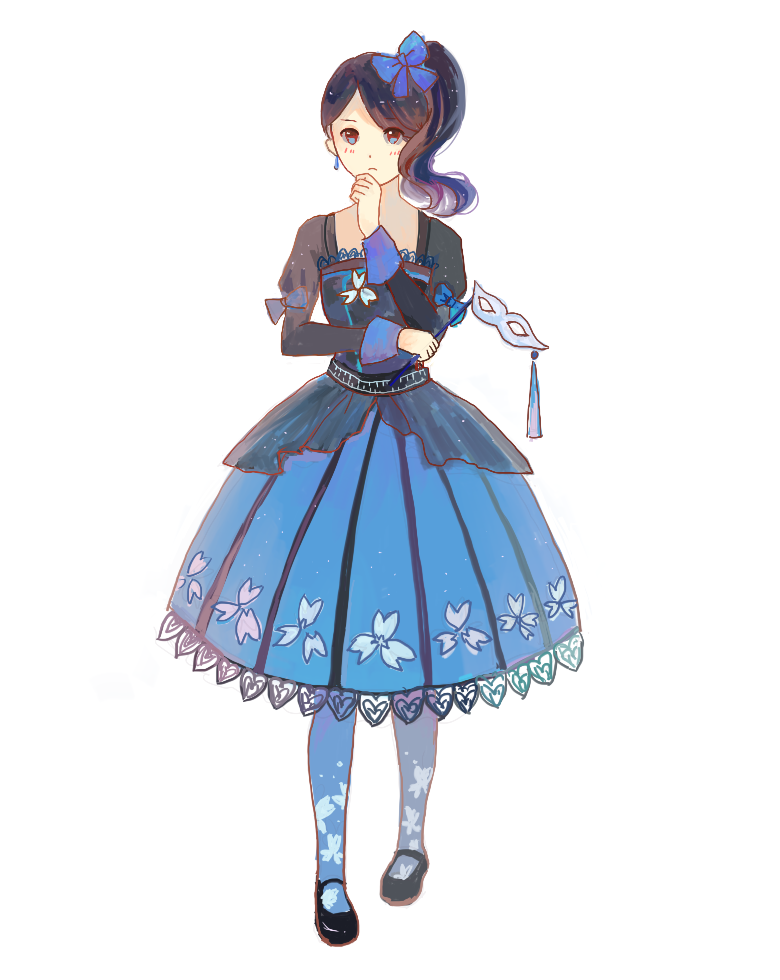 1girl, bad_bcy_id, bad_id, black_footwear, black_hair, black_shirt, blue_bow, blue_eyes