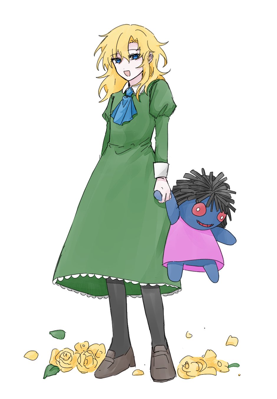 1girl, ascot, black_pantyhose, blonde_hair, blue_ascot, blue_eyes, brown_footwear, collared_dress