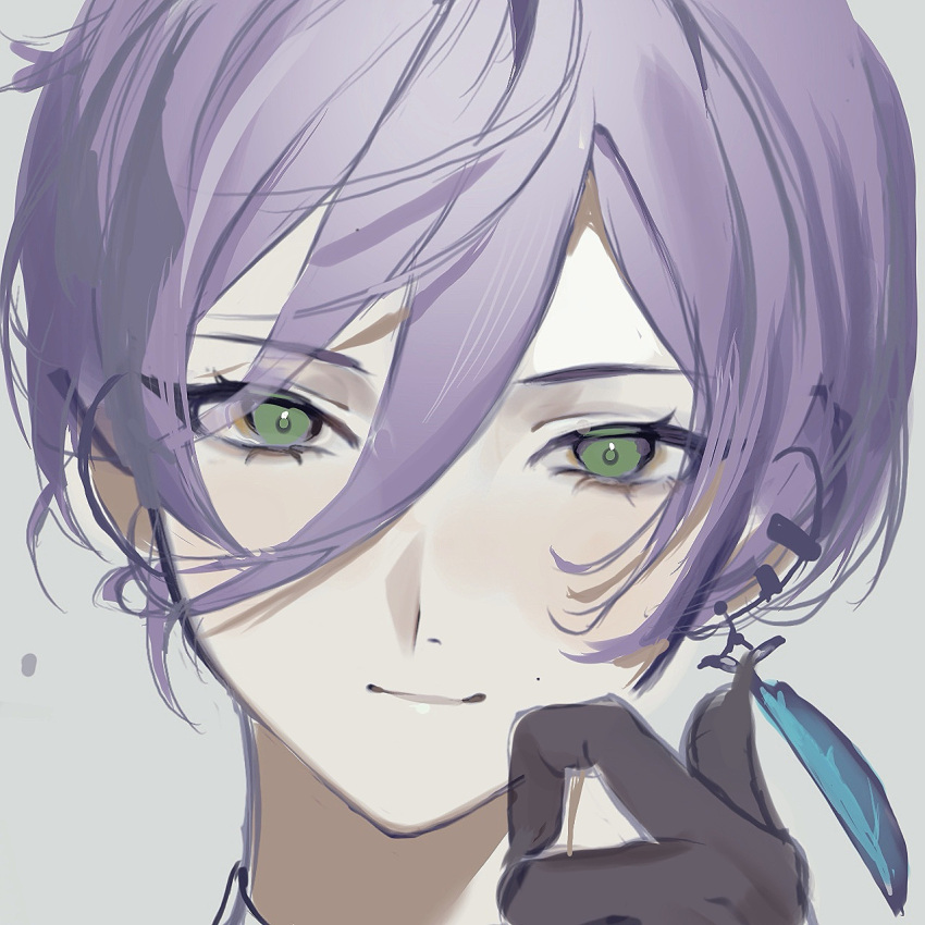 1boy, androgynous, black_gloves, closed_mouth, commentary_request, ear_piercing, earrings, finger_to_cheek