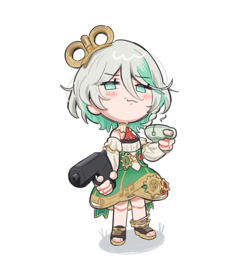 1girl, aiming, cecilia_immergreen, chibi, choker, cup, gears, green_eyes, gun, hair_between_eyes, highres, holding, holding_cup, holding_gun, holding_weapon, hololive, hololive_english, isarobn, musical_note, neckerchief, red_neckerchief, solo, standing, virtual_youtuber, weapon, white_background, white_hair, winding_key