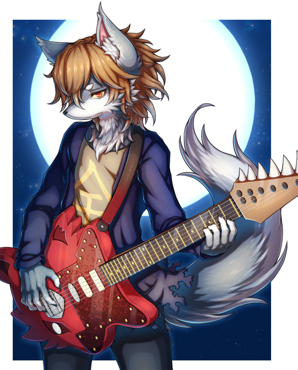 1boy, animal_ear_fluff, animal_ears, animal_nose, black_nails, black_pants, blue_jacket, body_fur