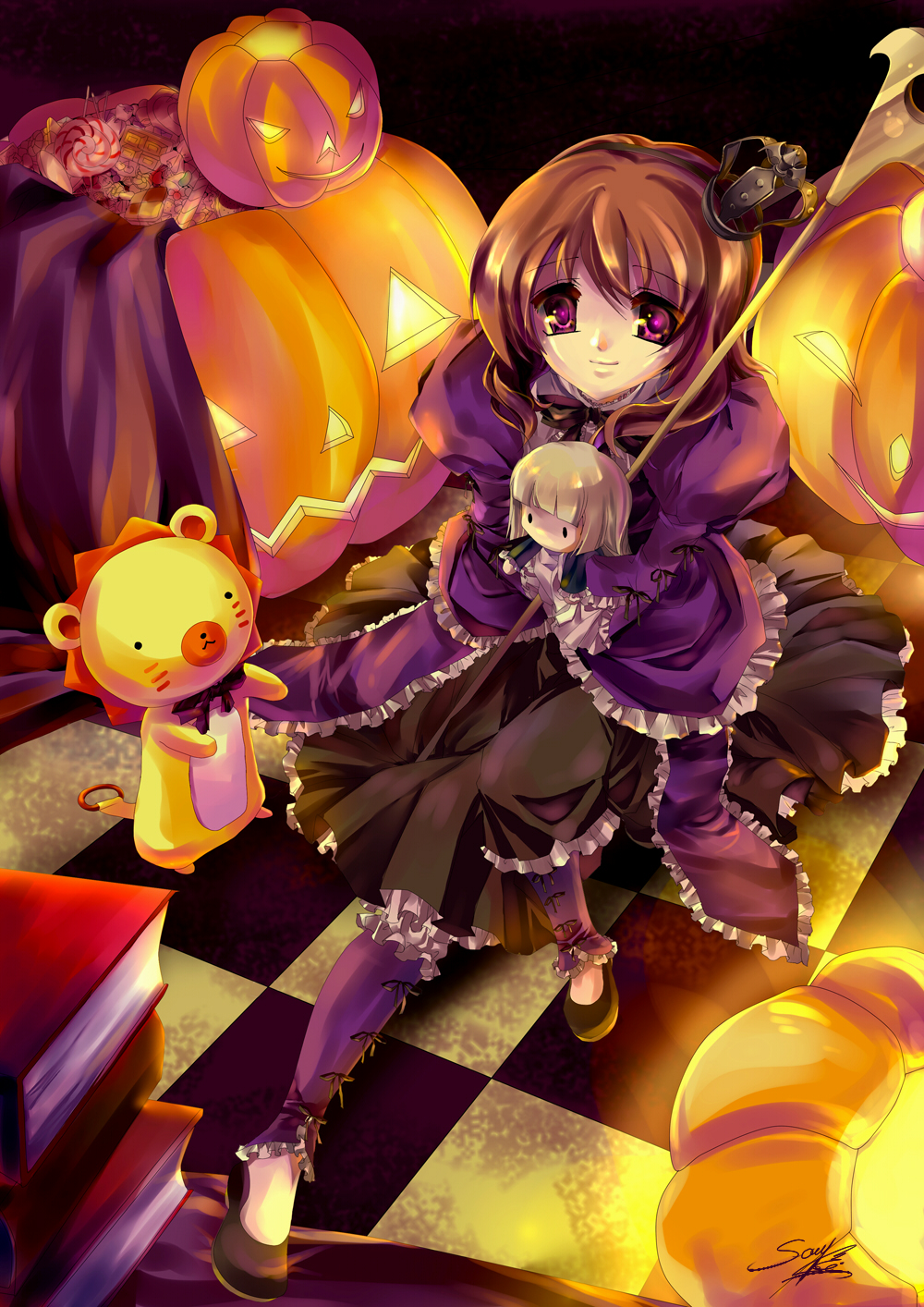 candy, checkered, checkered_floor, crown, doll, dress, frills, hairband, halloween, highres, jack-o'-lantern, jack-o'-lantern, orange_hair, pumpkin, purple_eyes, sakutarou, smile, soumare, staff, umineko_no_naku_koro_ni, ushiromiya_maria, ushiromiya_rosa, violet_eyes