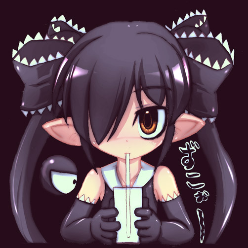 1girl, backbeako_(torotei), backbeard, bad_id, black_background, black_dress, black_gloves, black_hair