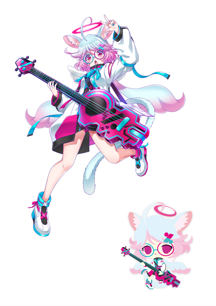 1girl, :o, ahoge, angel_wings, animal_ears, arm_up, artist_request, blue_hair