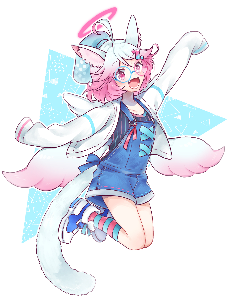 1girl, :d, ahoge, angel_wings, animal_ears, beret, blue_hair, blue_hat