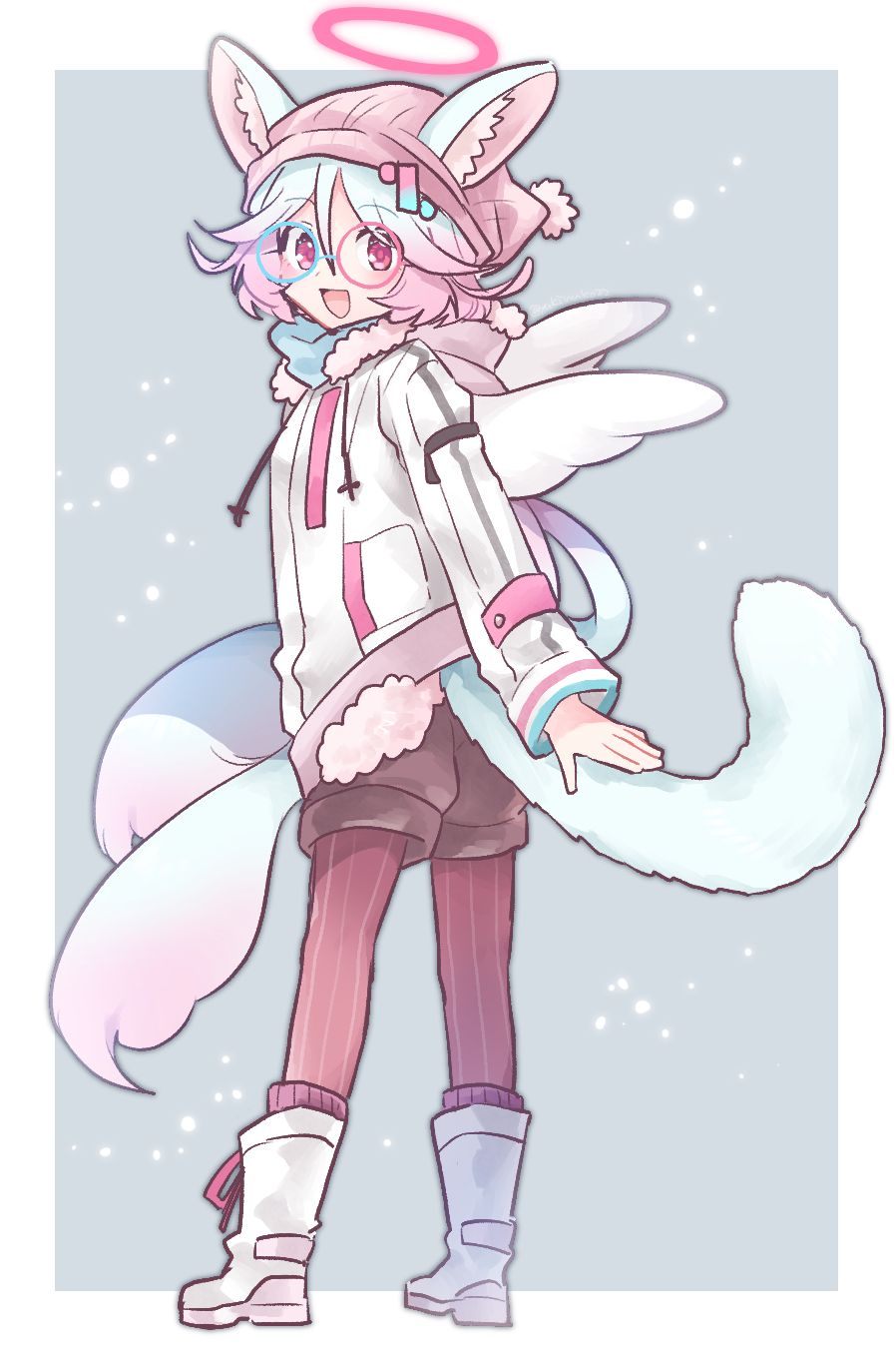 1girl, :d, angel_wings, animal_ears, beret, black_shorts, blue_hair, boots