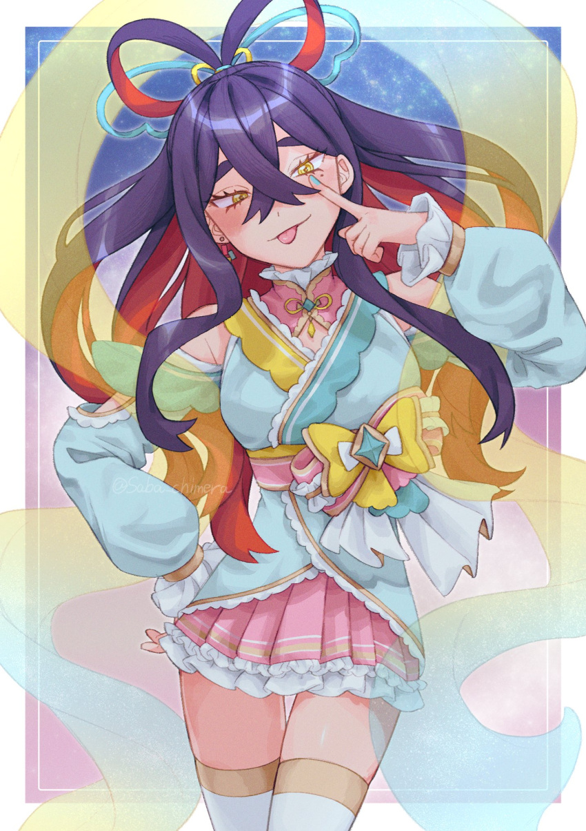 1girl, :p, black_hair, carmine_(pokemon), chigomage, colored_inner_hair, cosplay, crossed_bangs