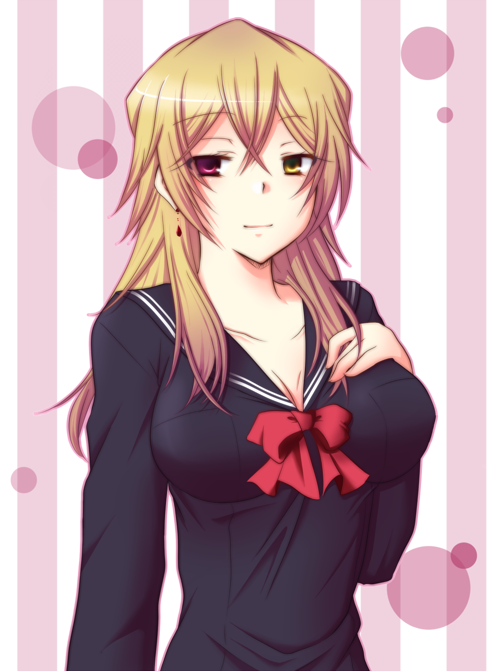 blonde_hair, breasts, cleavage, earrings, genderswap, heterochromia, highres, jewelry