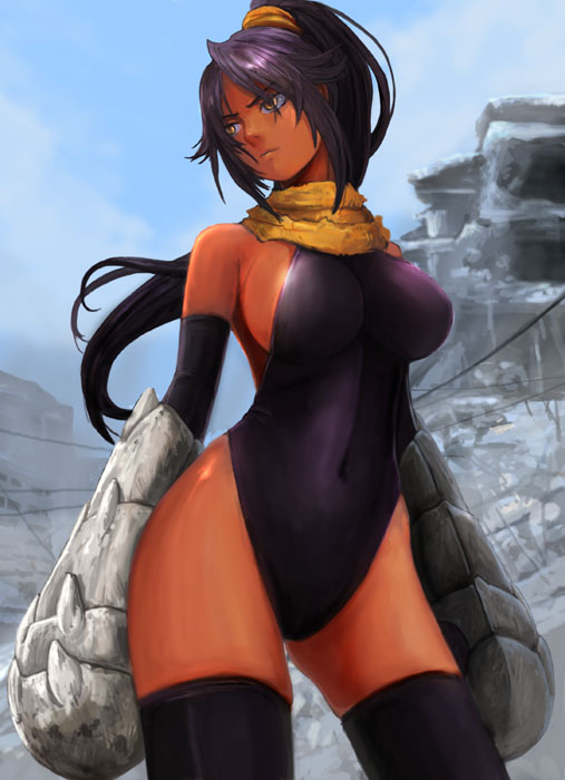1girl, bleach, breasts, dark_skin, elbow_gloves, gloves, kouichi_(kou1), large_breasts, leotard, navel, ponytail, purple_hair, shihouin_yoruichi, sideboob, solo, thighhighs, yellow_eyes