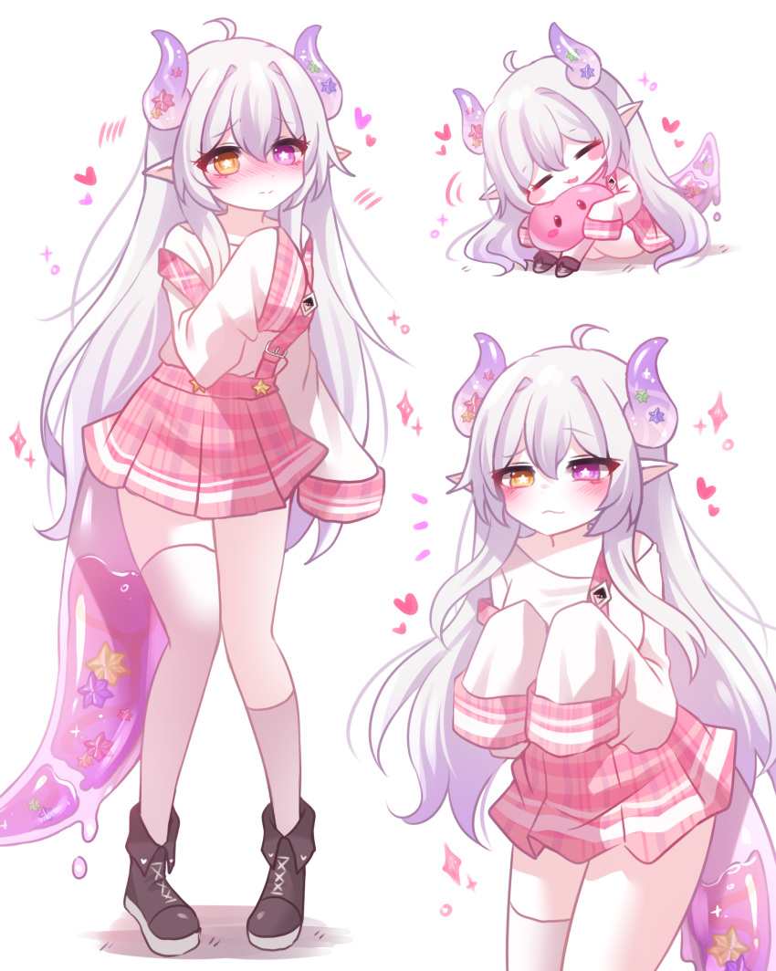 1girl, :3, ahoge, asymmetrical_legwear, blush, boots, candy, character_sheet