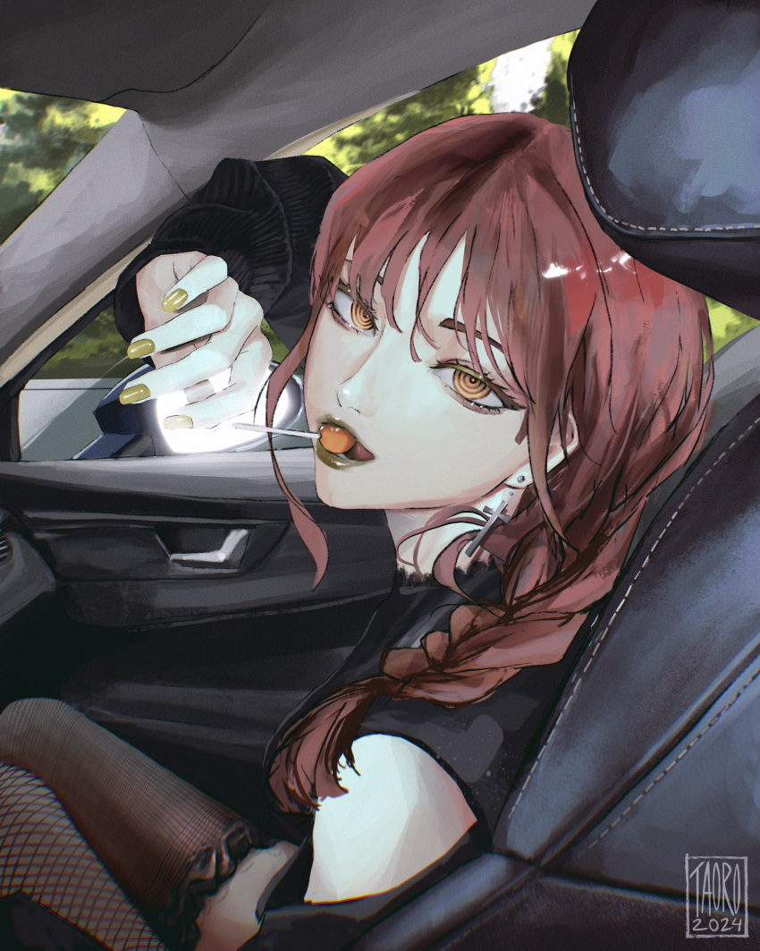 1girl, alternate_costume, artist_name, black_jacket, black_shirt, braid, braided_ponytail, candy