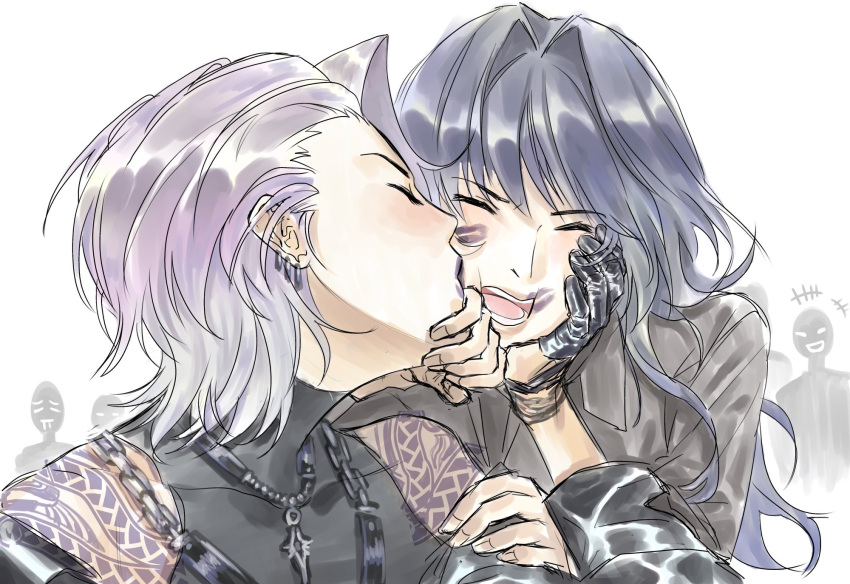 2girls, 4others, black_gloves, black_hair, black_shirt, chief_(path_to_nowhere), closed_eyes, commentary_request, covered_collarbone, ear_piercing, female_chief_(path_to_nowhere), gloves, grey_hair, hand_on_another's_arm, highres, holding_own_arm, jewelry, kiss, kissing_cheek, korean_commentary, lipstick_mark, lipstick_mark_on_face, long_hair, multiple_girls, multiple_others, necklace, path_to_nowhere, piercing, shirt, short_hair, shoulder_tattoo, simple_background, tattoo, upper_body, white_background, yeonseongye, yuri, zoya_(path_to_nowhere)