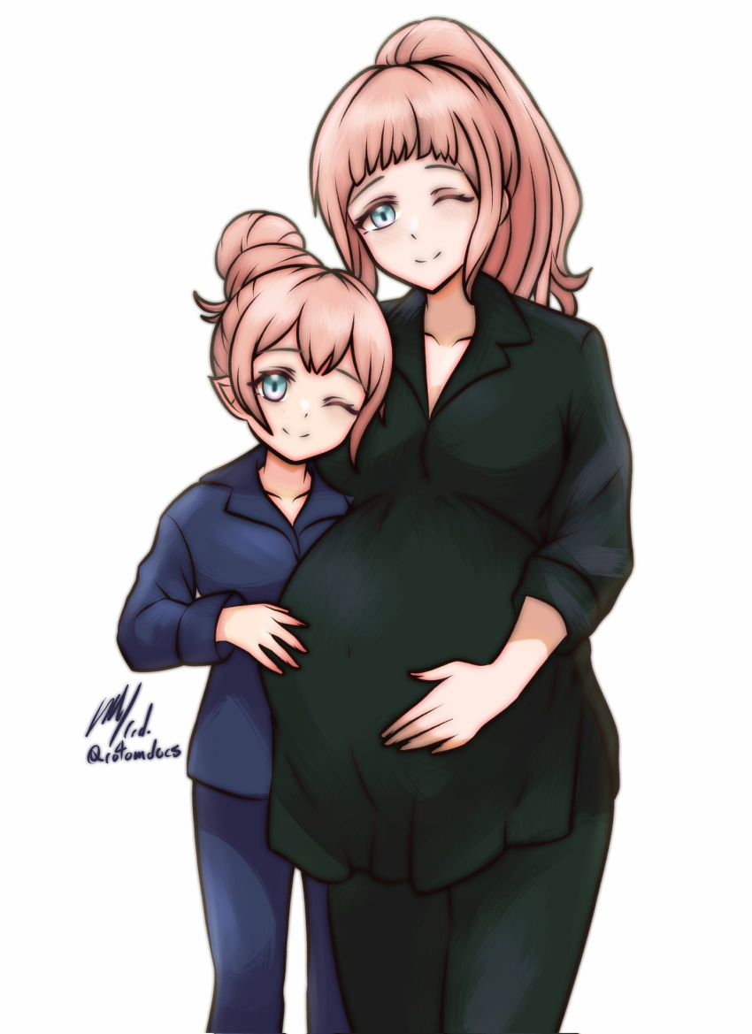 2girls, ;), blue_eyes, blue_pajamas, breasts, cowboy_shot, felicia_(fire_emblem), fire_emblem, fire_emblem_fates, green_pajamas, hair_bun, hand_on_another's_stomach, hand_on_own_stomach, highres, kana_(female)_(fire_emblem), kana_(fire_emblem), long_hair, looking_at_viewer, mother_and_daughter, multiple_girls, one_eye_closed, pajamas, pointy_ears, ponytail, pregnant, rotomdocs, signature, simple_background, smile, twitter_username, white_background
