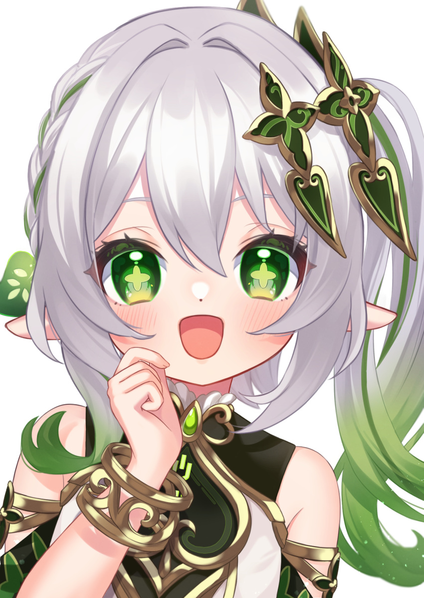 1girl, :d, bare_shoulders, blush, bracelet, commentary, gem, genshin_impact