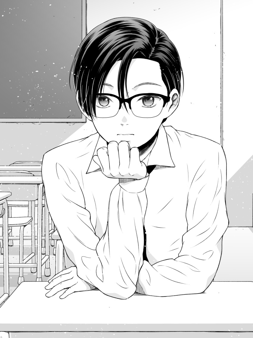 1boy, chair, chalkboard, closed_mouth, collared_shirt, commentary_request, desk, glasses