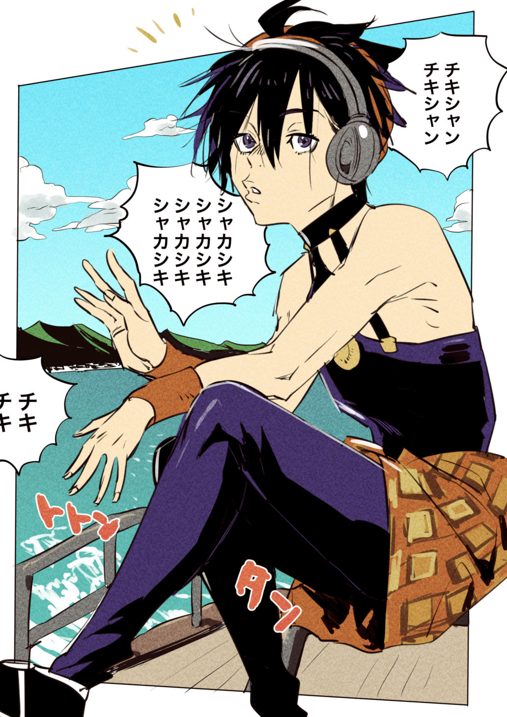1boy, argyle_clothes, black_footwear, black_hair, black_pants, black_shirt, blue_eyes, clouds