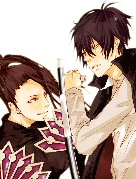 black_hair, fan, hibari_kyoya, katekyo_hitman_reborn, red_eyes, smile, suzuki_adelheid, tonfa