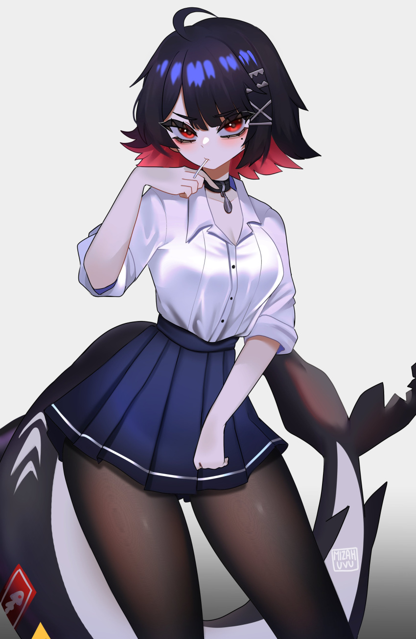 absurdres, black_hair, blue_skirt, candy, collared_shirt, colored_inner_hair, ellen_joe, fins