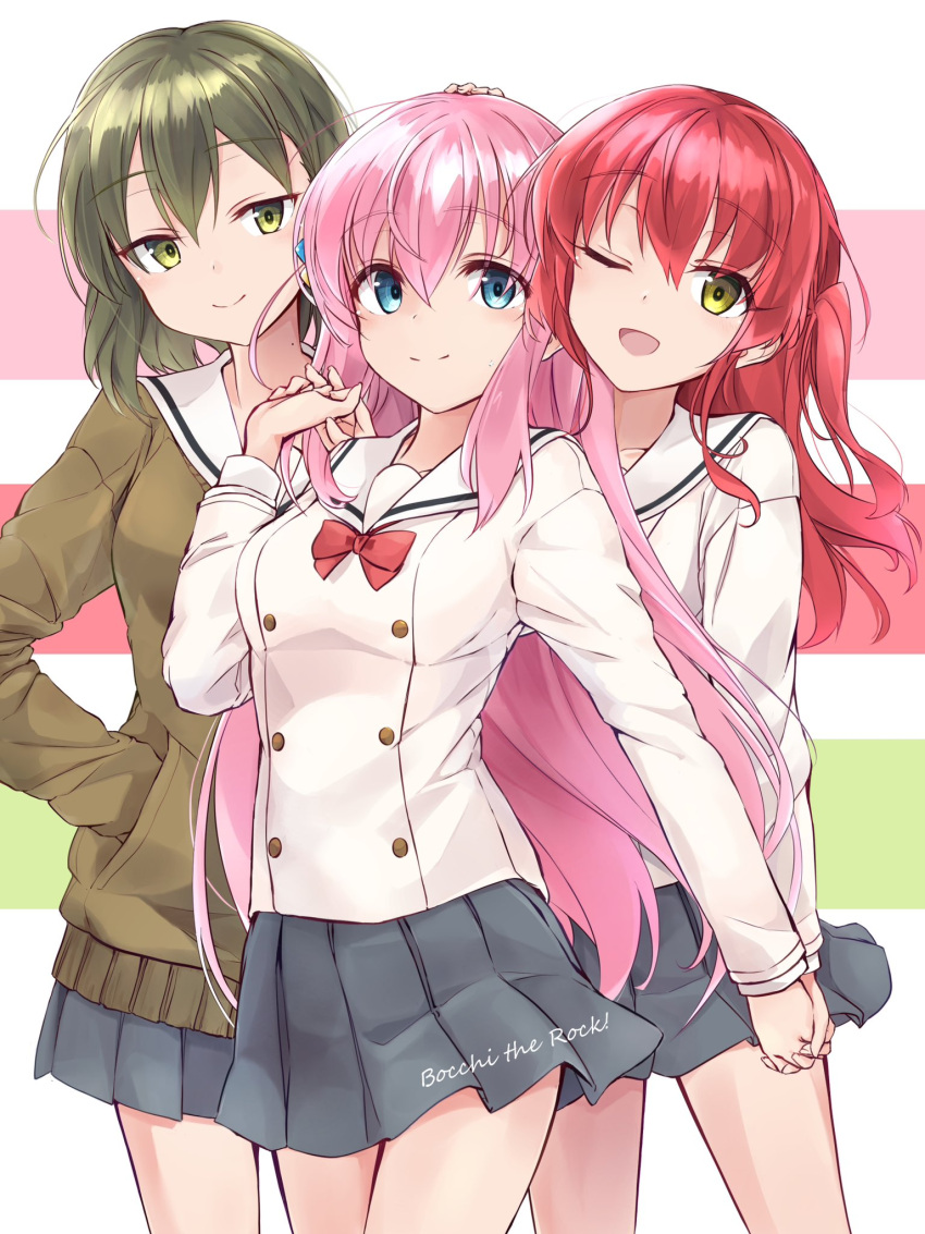 3girls, ahoge, blonde_hair, blue_eyes, bocchi_the_rock!, brown_cardigan, buttons, cardigan, commentary_request, cowboy_shot, double-breasted, gotoh_hitori, green_eyes, green_hair, grey_skirt, hand_in_pocket, highres, jacket, kita_ikuyo, long_hair, minosu, multicolored_background, multiple_girls, no_jacket, one_eye_closed, one_side_up, open_mouth, pink_hair, redhead, sailor_collar, sasaki_tsuguko, school_uniform, serafuku, short_hair, shuka_high_school_uniform, skirt, striped_background, white_jacket, white_sailor_collar