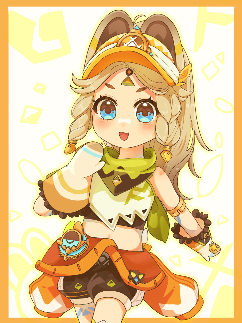 1girl, :d, absurdres, animal_ears, bandana, black_shorts, blue_eyes, blush, border, clothes_around_waist, cowboy_shot, crop_top, genshin_impact, green_bandana, hat, highres, jacket, jacket_around_waist, midriff, mittens, multicolored_clothes, navel, open_mouth, orange_border, shorts, sidelocks, smile, solo, user_ctar2773, visor_cap