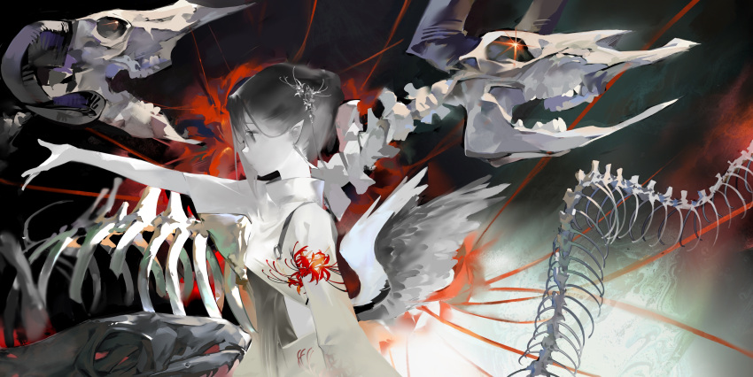1girl, absurdres, black_eyes, black_hair, black_wings, chiaspicy, colored_skin, dragon
