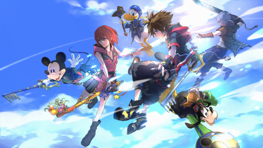 1girl, 5boys, absurdres, badluck, black_footwear, black_jacket, black_pants, blue_hair, blue_sky, braveheart_(kingdom_hearts), brown_gloves, brown_hair, closed_mouth, clouds, cloudy_sky, commentary, day, destiny's_embrace_(kingdom_hearts), dog_boy, donald_duck, dress, duck_boy, english_commentary, fingerless_gloves, floating, furry, furry_male, gloves, goofy, green_shirt, hat, highres, holding, holding_shield, holding_staff, holding_weapon, jacket, kairi_(kingdom_hearts), keyblade, kingdom_hearts, kingdom_hearts_iii, kingdom_key, long_sleeves, looking_at_viewer, looking_to_the_side, mickey_mouse, mouse_boy, multiple_boys, open_mouth, outdoors, pants, pink_dress, pleated_skirt, redhead, riku_(kingdom_hearts), shield, shirt, short_hair, skirt, sky, sleeveless, smile, sora_(kingdom_hearts), spiky_hair, staff, star_cluster, weapon, white_gloves, white_hair, white_shirt, yellow_hat