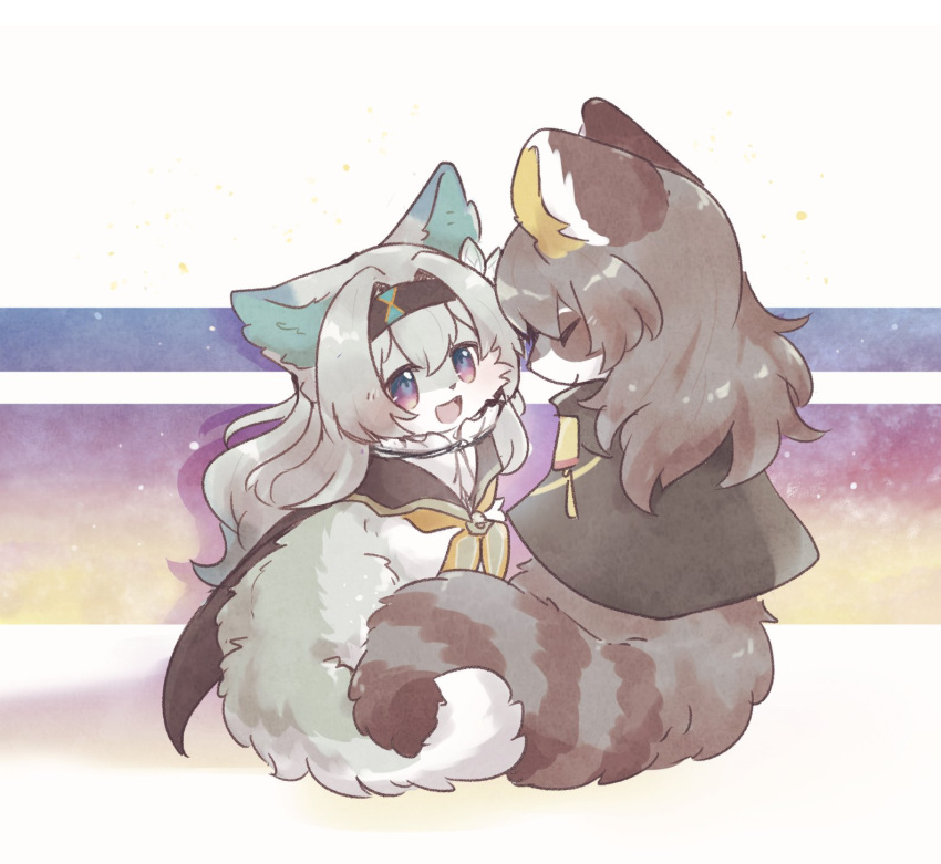2girls, :d, ^_^, animalization, black_coat, black_hairband, cat, closed_eyes