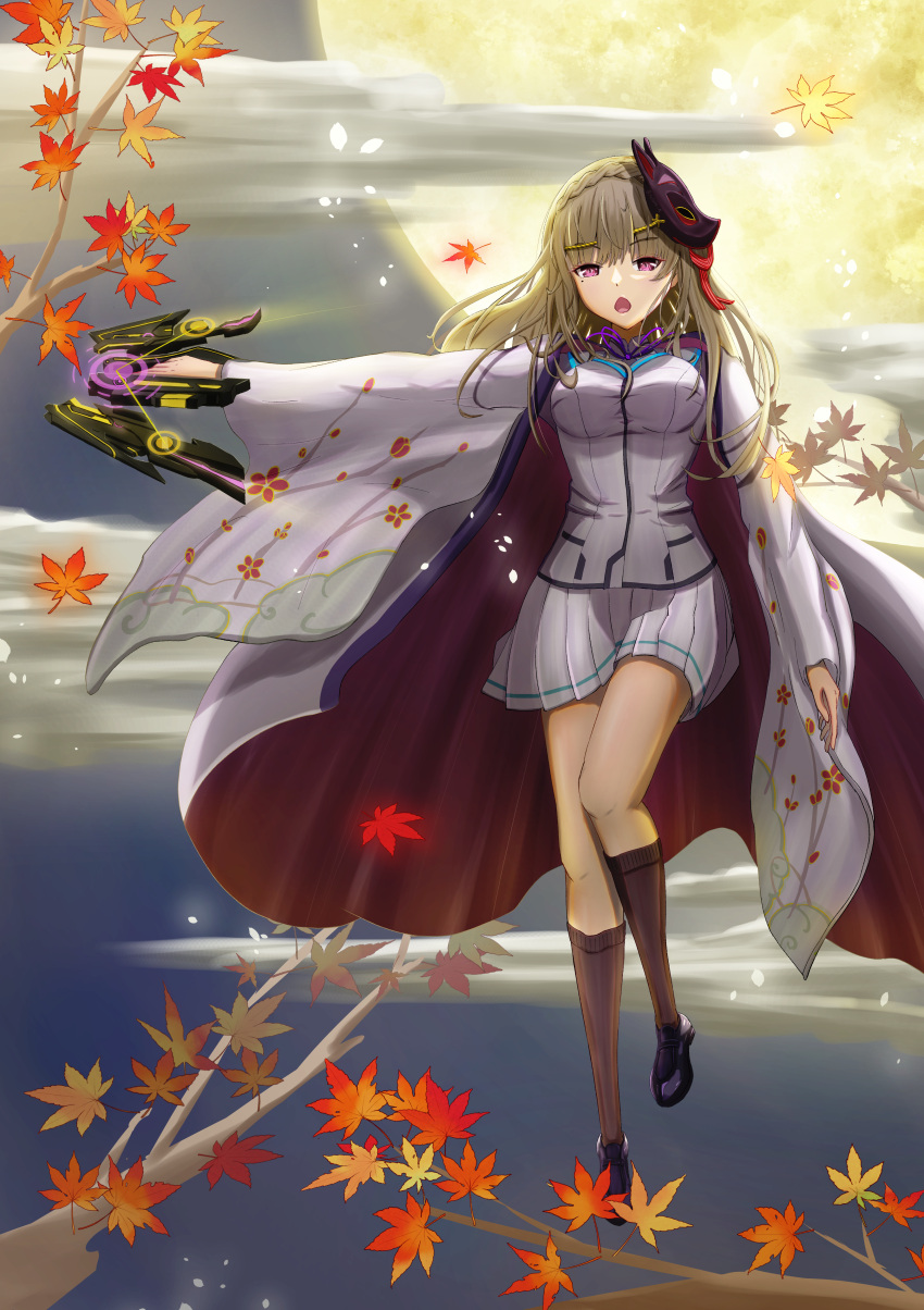 1girl, absurdres, braid, breasts, brown_hair, crown_braid, fox_mask, hair_ornament