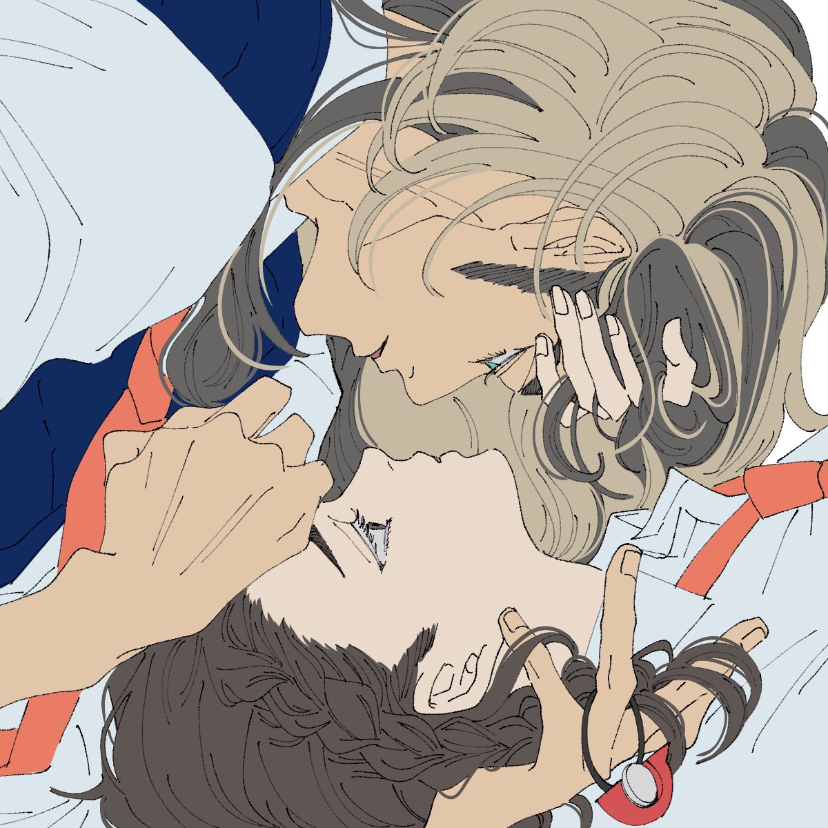 1boy, arven_(pokemon), blonde_hair, blue_eyes, blue_vest, braid, brown_eyes, brown_hair, collared_shirt, conniepkmn, couple, eyelashes, fingernails, grabbing_another's_hair, hair_ornament, hair_over_one_eye, hairclip, half-closed_eyes, hand_in_another's_hair, hand_on_another's_neck, hand_on_forehead, highres, imminent_kiss, juliana_(pokemon), long_hair, medium_sideburns, multicolored_hair, naranja_academy_school_uniform, neck_hold, necktie, open_clothes, open_vest, orange_necktie, pokemon, pokemon_sv, rotational_symmetry, school_uniform, shirt, short_hair, side_braid, sideburns, single_braid, two-tone_hair, upside-down, vest