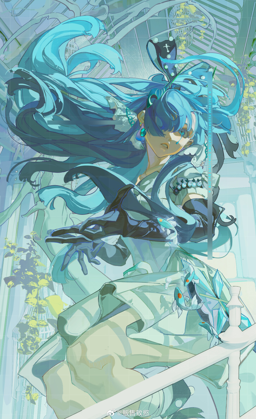 1girl, absurdres, artist_name, bandaged_leg, bandages, birdcage, black_bow, black_gloves, blue_dress, blue_eyes, blue_hair, bow, cage, ceiling, cowboy_shot, crying, crying_with_eyes_open, dress, earrings, elbow_gloves, fanshou_zhiyu, fish, gloves, hair_between_eyes, hair_bow, hair_over_one_eye, highres, indoors, jewelry, long_hair, looking_at_viewer, original, parted_lips, sidelocks, solo, tears, weibo_watermark