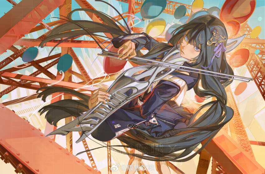 1girl, absurdres, artist_name, balloon, black_hair, blue_nails, blue_sky, building