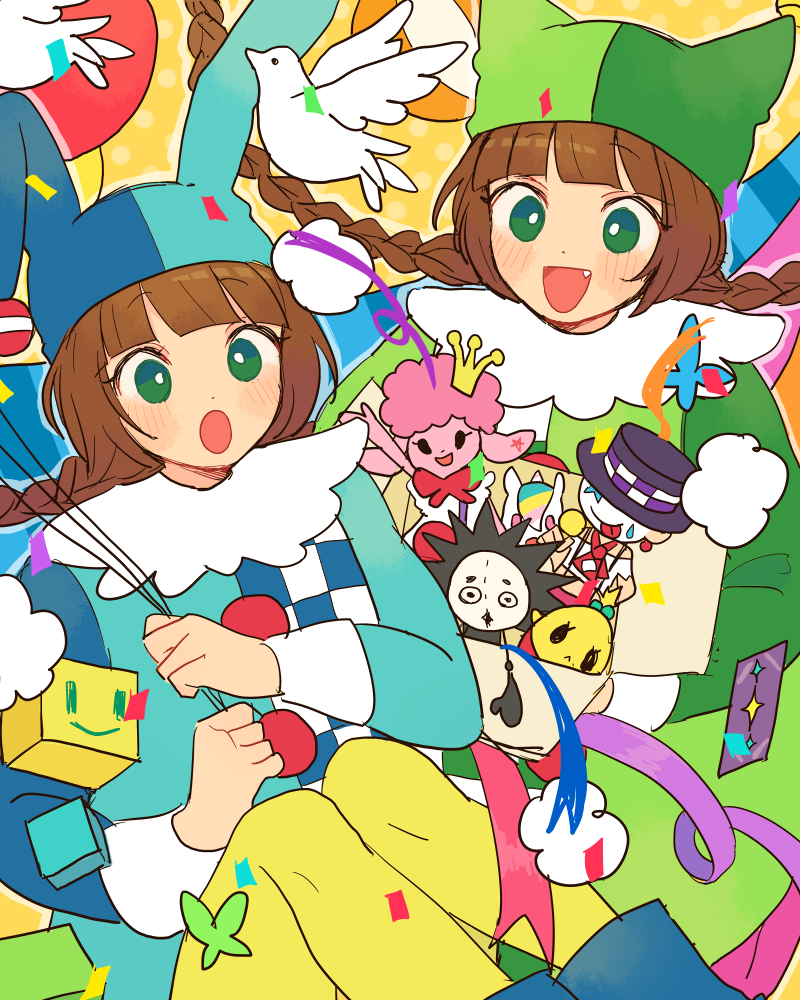 2boys, 3girls, balloon, bird, blue_hat, blue_shirt, boxies, braid