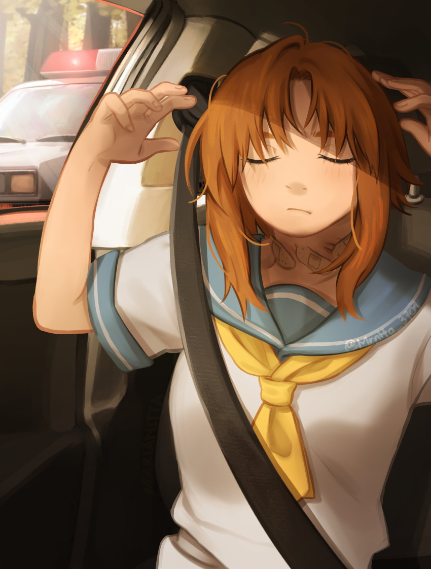 1girl, absurdres, arms_up, arrest, bandaid, bandaid_on_neck, brown_hair, car, car_interior, closed_mouth, donald_trump_please_save_us_(meme), highres, higurashi_no_naku_koro_ni, meme, motor_vehicle, mrntta_3704, orange_hair, police_car, ryuuguu_rena, school_uniform, seatbelt, short_sleeves, sitting, solo