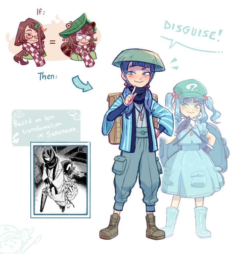 2girls, :3, absurdres, alternate_costume, animal_ears, backpack, bag, bell