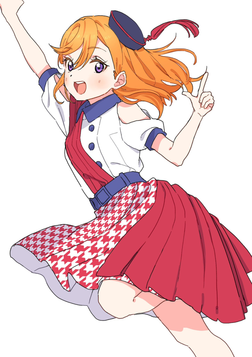 1girl, arms_up, belt, beret, blue_belt, blue_hat, blush, clothing_cutout, commentary_request, floating_hair, hair_between_eyes, hamu_(dododo_2538), hand_up, hat, highres, leg_up, looking_at_viewer, love_live!, love_live!_superstar!!, medium_hair, open_mouth, orange_hair, pleated_skirt, puffy_short_sleeves, puffy_sleeves, red_skirt, running, shibuya_kanon, shirt, short_sleeves, shoulder_cutout, skirt, solo, start!!_true_dreams_(love_live!), teeth, upper_body, upper_teeth_only, violet_eyes, white_background, white_shirt