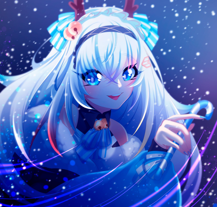 1girl, absurdres, bell, blue_eyes, blue_nails, blue_ribbon, candy, candy_cane