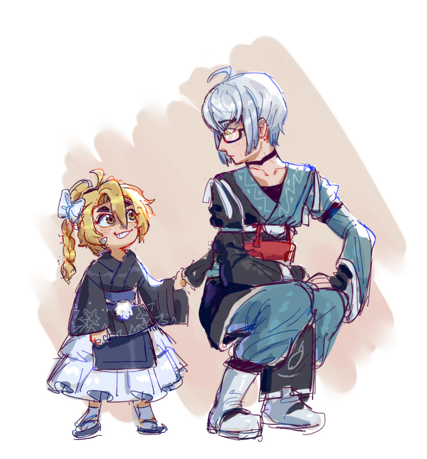 1boy, 1girl, aged_down, ahoge, alternate_costume, black-framed_eyewear, black_footwear, black_kimono, blonde_hair, blue_kimono, bow, braid, brown_eyes, child, freckles, full_body, glasses, grin, hair_between_eyes, highres, japanese_clothes, kimono, kirisame_marisa, long_bangs, looking_at_another, looking_to_the_side, morichika_rinnosuke, redinthesea, semi-rimless_eyewear, short_hair, single_braid, skirt, sleeve_pull, smile, socks, squatting, standing, touhou, under-rim_eyewear, white_bow, white_hair, white_skirt, white_socks, yellow_eyes