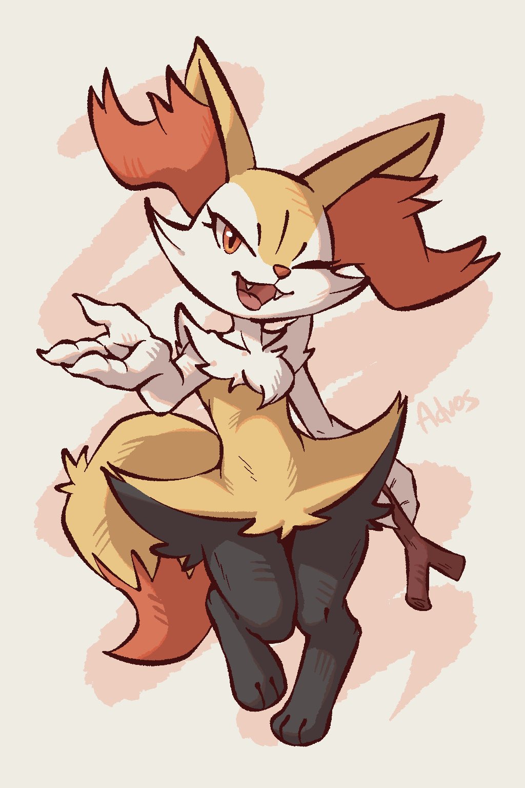 advos, animal_ear_fluff, artist_name, black_fur, braixen, fangs, full_body, highres
