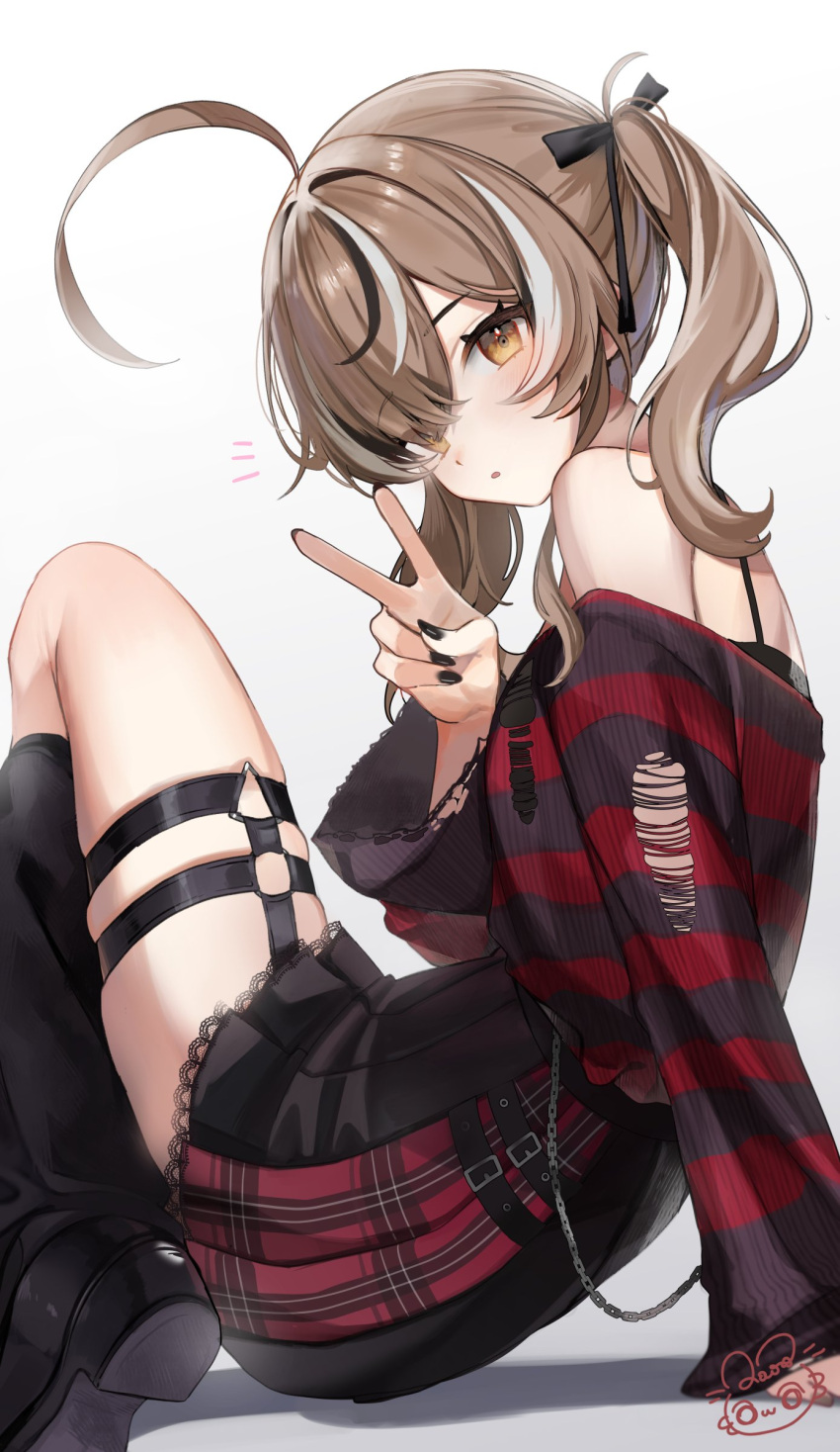 1girl, ahoge, bare_shoulders, black_nails, boots, brown_hair, chain, highres, hololive, hololive_english, looking_at_viewer, multicolored_hair, nanashi_mumei, nanashi_mumei_(emo), raora_panthera_(artist), ribbon, solo, thigh_strap, torn_clothes, v, virtual_youtuber