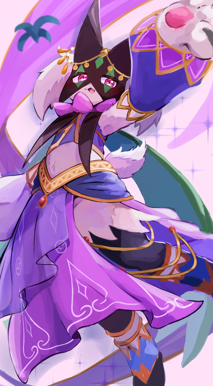 absurdres, arabian_clothes, black_fur, clothed_pokemon, detached_sleeves, dress, furry, harem_outfit, highres, illustrattyako, looking_at_viewer, mask, meowscarada, meowscarada_(dancer), midriff, official_alternate_costume, open_mouth, pink_eyes, pokemon, pokemon_(creature), pokemon_unite, purple_dress, purple_sleeves, purple_vest, solo, two-tone_fur, vest, white_fur