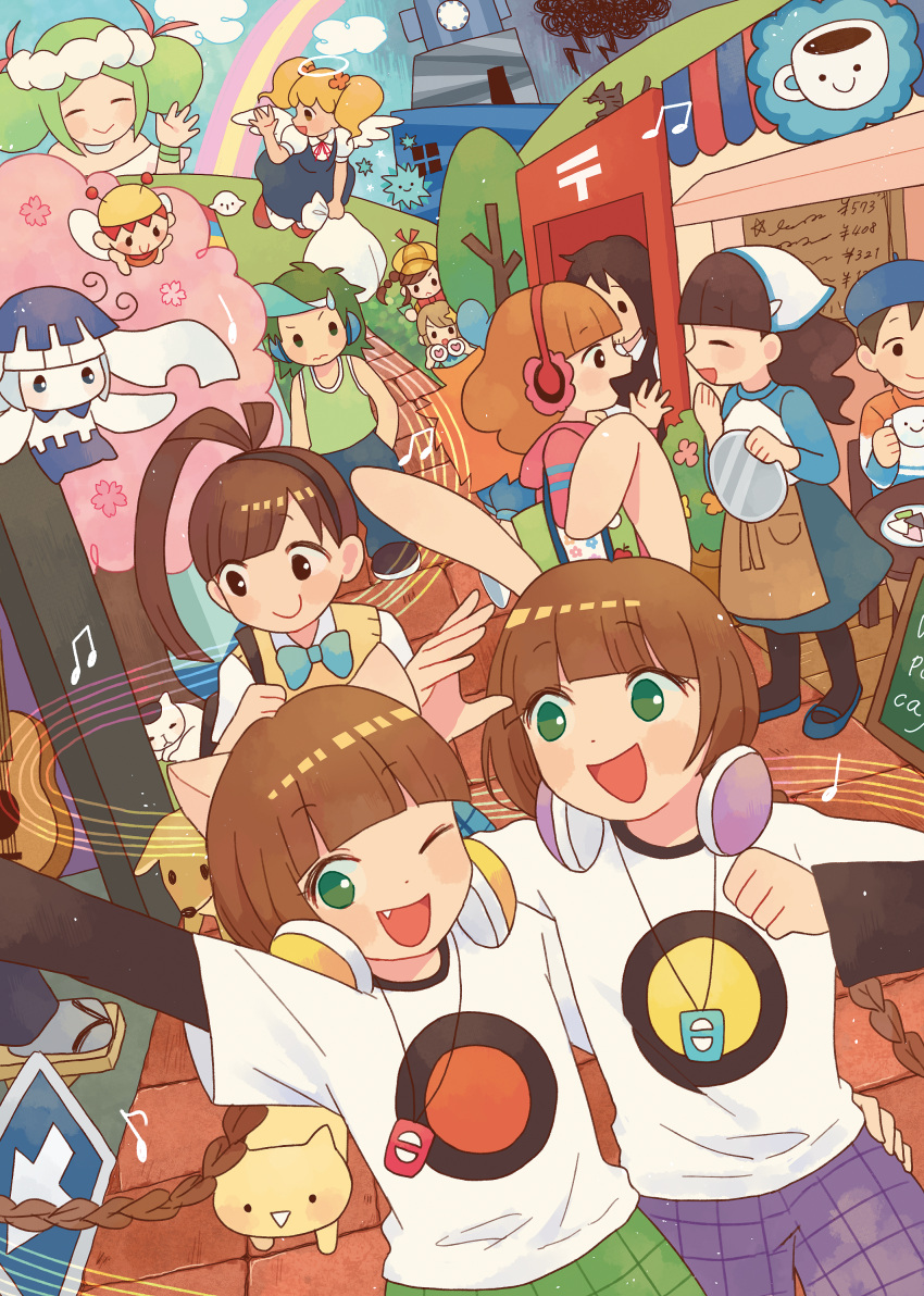 4boys, 6+girls, absurdres, apron, beret, binoculars, black_hairband, blonde_hair