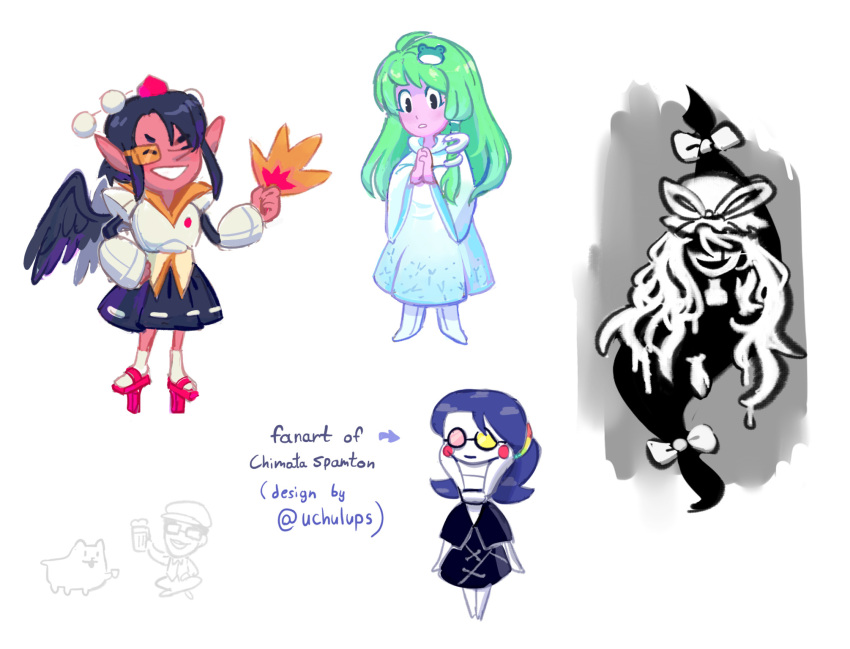 2boys, 3girls, annoying_dog, berdly_(deltarune), berdly_(deltarune)_(cosplay), black_hair, black_skirt, black_wings