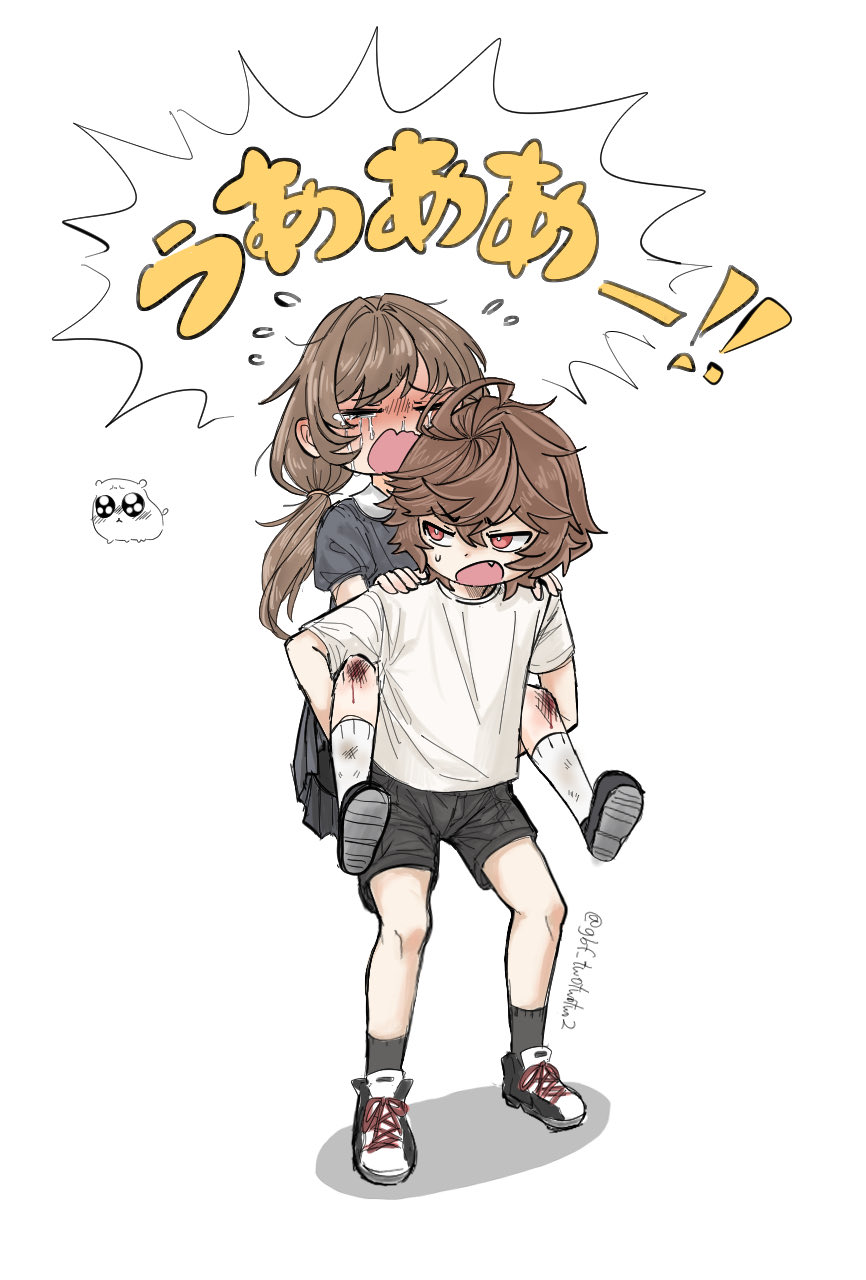 !, !!, 1boy, 1girl, aged_down, black_shorts, brown_hair, carrying, collared_shirt, commentary, crying, english_commentary, fang, flying_sweatdrops, full_body, gbf_twotwotwo2, granblue_fantasy, grey_shirt, hair_between_eyes, hair_intakes, highres, korean_commentary, long_hair, low_twintails, messy_hair, mixed-language_commentary, piggyback, raziel_(granblue_fantasy), red_eyes, sandalphon_(granblue_fantasy), scraped_knee, shirt, shoes, shorts, simple_background, sneakers, socks, speech_bubble, sweatdrop, translation_request, twintails, twitter_username, white_shirt, white_socks